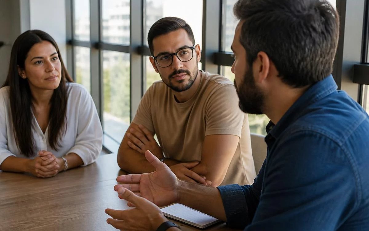 Roda de conversa numa sala clara, com uma pessoa expondo o ponto e duas escutando