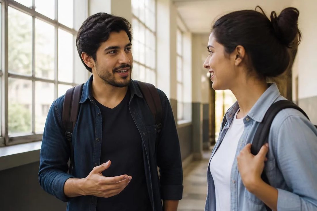 Dois estudantes de mochila continuam a discussão no corredor depois da sessão
