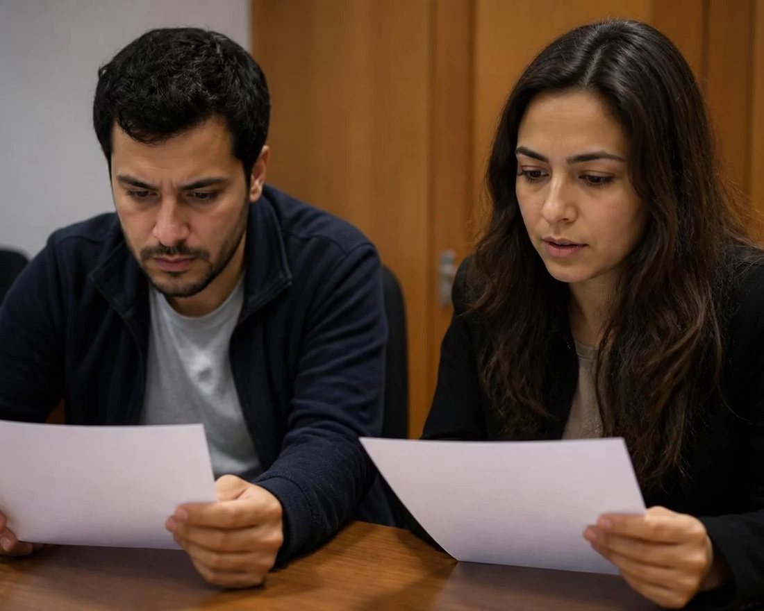 Dupla discute em pé entre as estantes de uma biblioteca, cada um sustentando o seu ponto